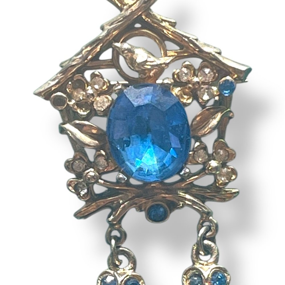 Elegant Blue and Gold Birdhouse Brooch Vintage